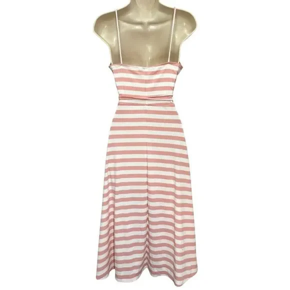 Olivaceous Wrap Midi Dress Pink and White Ribbed Summer Dress Tie Waist Womens S - Picture 3 of 8